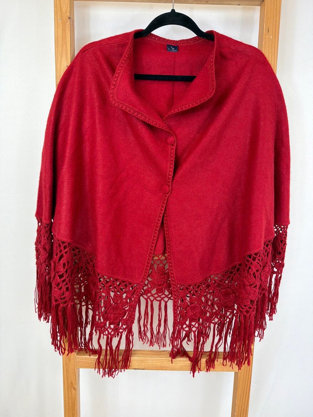 Vintage ML Kessler Red Crocheted Hem Alpaca Poncho Fringe One Size